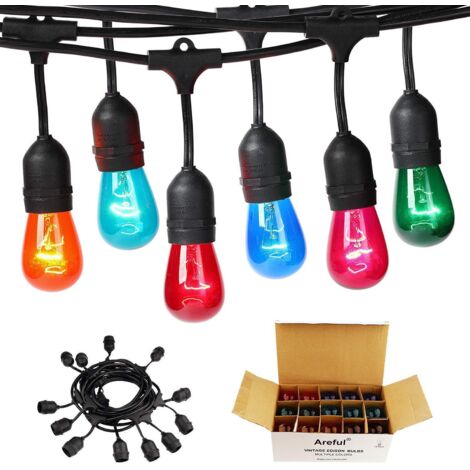 Luci a catena per esterni, 15 m/50 piedi, resistenti alle intemperie, collegabili, multicolore, di qualità commerciale, con 12 prese sospese e 15 lampadine S14 per patio, bistrot, veranda, giardino, t (1/5)