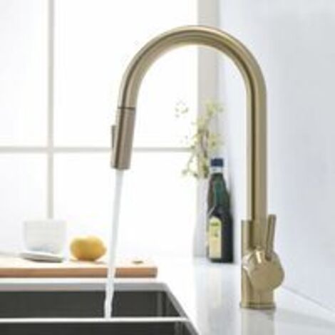 Rubinetto da cucina in oro spazzolato con doccetta estraibile, rubinetto da cucina girevole a 360°, miscelatore da cucina, miscelatore per lavello da cucina con maniglia singola (1/5)