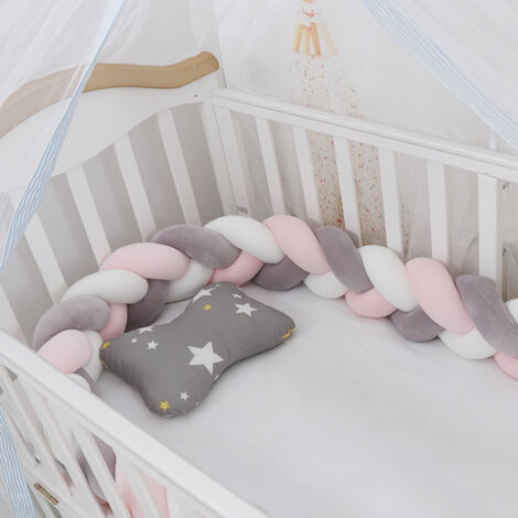 Paracolpi per lettino per bambini - Cuscino a forma di serpente da 1,5 m, in velluto intrecciato, protezione per bambini, tessuto anticollisione (bianco + grigio + rosa)
