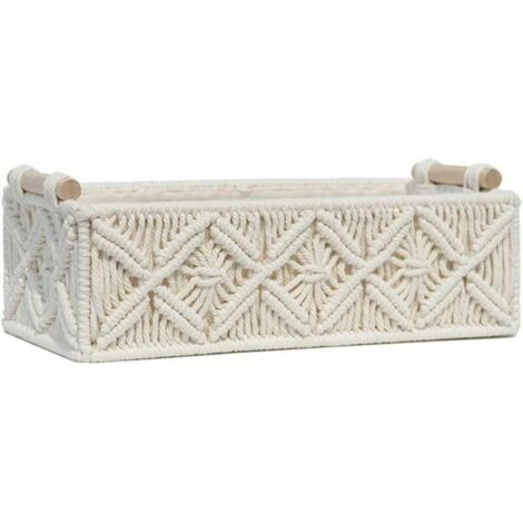 Cesta, cestas de almacenamiento de macramé, caja decorativa tejida a mano, estante organizador de tocador para dormitorio, sala de estar y hogar, color blanco (1/5)