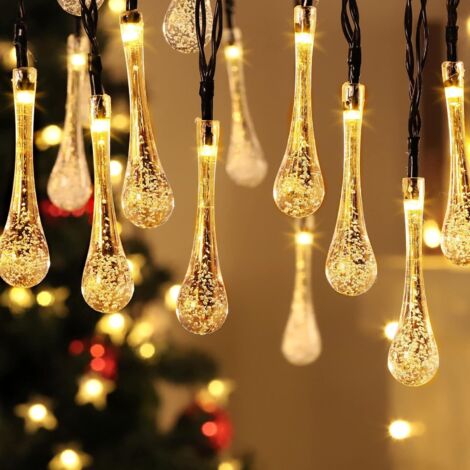 Guirnalda de luces solares para exteriores, luces navideñas de color blanco cálido, 30 LED, 6,5 m, con forma de gota de agua, resistente al agua, para decoración del hogar, dormitorio, jardín y terraz (1/5)