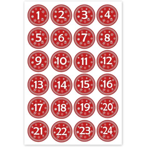 Otros adornos navideños, redondos 30x30mm - Adhesivos para calendario de adviento 1 al 24 - Estilo vintage rojo - Etiquetas - Adhesivos - Calendario de Navidad - Navidad - Adviento - Redondo - Recorta (1/5)