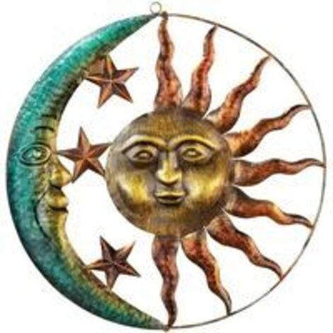 Decoración de pared de metal con sol y luna, arte creativo de pared con sol y luna, decoración de pared para interiores y exteriores