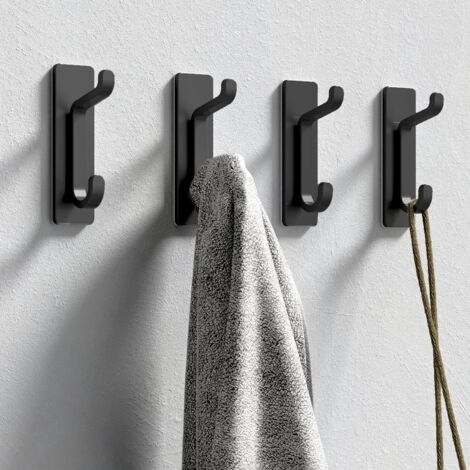 Gancho de pared adhesivo, toallero para baño, perchero para cocina, perchero adhesivo, montaje en pared sin taladrar, resistente al agua, a prueba de óxido, negro, 4 piezas (1/5)