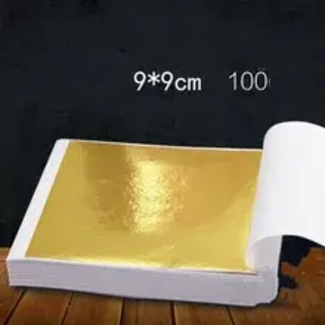 Adornos y decoración, papel de aluminio plateado con imitación de oro, 9 x 9 cm, 100 hojas, dorado, bricolaje, manualidades, fiesta de cumpleaños, decoración de tartas de boda, postres (1/5)