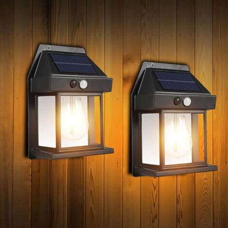Luces solares para exteriores, paquete de 2 faroles de pared impermeables IP65 con sensor de movimiento y 3 modos - Iluminación solar de seguridad para jardín, patio, porche y portón (negro)