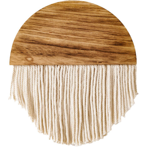 Cortina de puerta, decoración colgante de pared de macramé, adorno de tablero de madera semicircular bohemio con borlas largas, tapiz de madera hecho a mano, estante de madera de medio círculo para ar