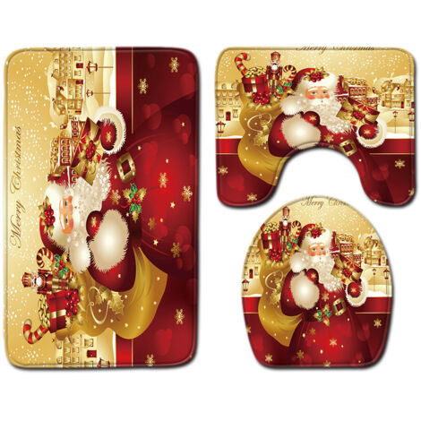 Juego de 3 alfombrillas de baño antideslizantes con estampado de Papá Noel, alfombrillas de baño suaves con gran absorción de agua para baño, dormitorio, cocina, inodoro y bañera (4) (1/5)
