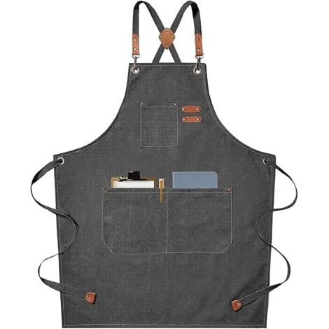 Delantal de chef de lona de sarga con bolsillos para hombre y mujer - GRIS
