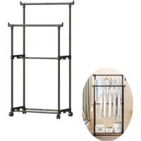 Perchero con ruedas, portátil, de doble barra, para dormitorio, sala de estar y tienda de ropa, color negro.