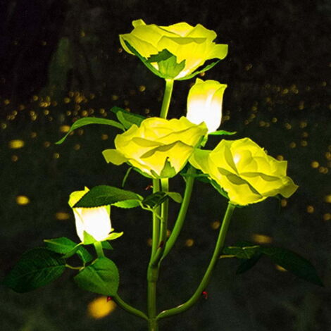 Rosa Solar-Gartenleuchten, 1 Packung Solar-Gartendekoration mit 5 großen Rosen, wasserdichte Garten-, Terrassen- und Wegleuchten (gelbe Rosen)