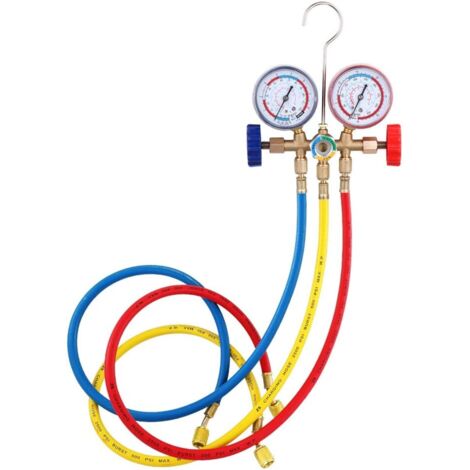 Manometer für Kältemittelverteiler, Klimaanlagenwerkzeug mit Schlauch und Haken für R12, R22, R404A und R134A
