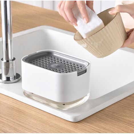 Distributore di sapone da cucina, distributore di sapone e porta spugna 2 in 1 premium, distributore di sapone per piatti da banco (bianco)