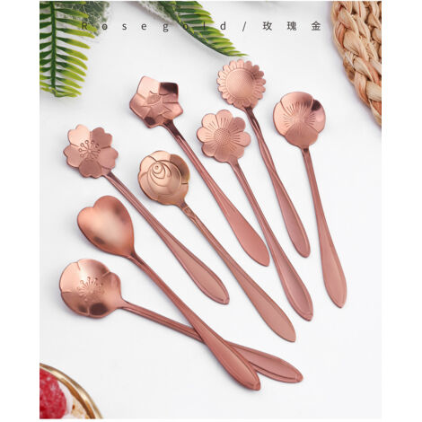 Set di 8 cucchiai a forma di fiore, cucchiaino da caffè in acciaio inox, stoviglie creative, cucchiaio misto, cucchiaio da zucchero, cucchiaio da gelato, 12,5 cm (oro rosa) (1/4)