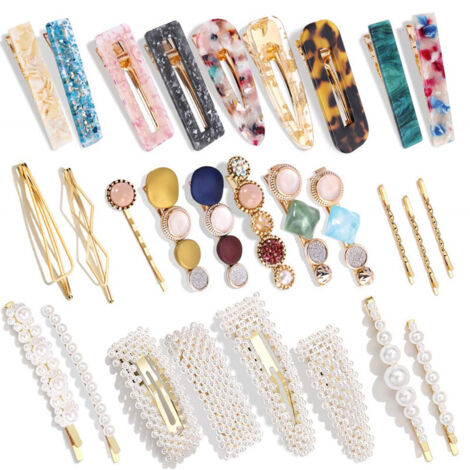 Set di 28 fermagli per capelli fatti a mano in perle e resina acrilica con forme geometriche in marmo e strass - Eleganti accessori per capelli (1/3)