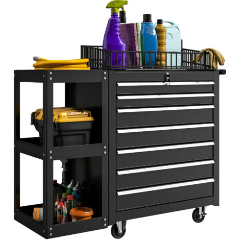 Carrello da officina/carrello portautensili con 7 cassetti, pannelli laterali rimovibili e 4 ruote con freno di bloccaggio dimensioni: 96 x 33,5 x 75 cm nero. (1/5)
