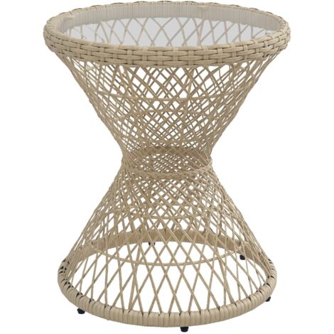 Tavolino da caffè/tavolino laterale, stile bohémien, piano in vetro, rattan sintetico, 45 cm x 45 cm x 52 cm, colore legno naturale. (1/5)