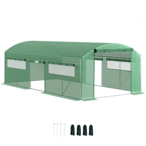 Serra a Tunnel con 3 Porte Avvolgibili, 6 Finestre Piccole, Picchetti e Funi, Serra da Giardino per Orto e Piante in Acciaio Zincato e PE, 6x3x2 m, Verde