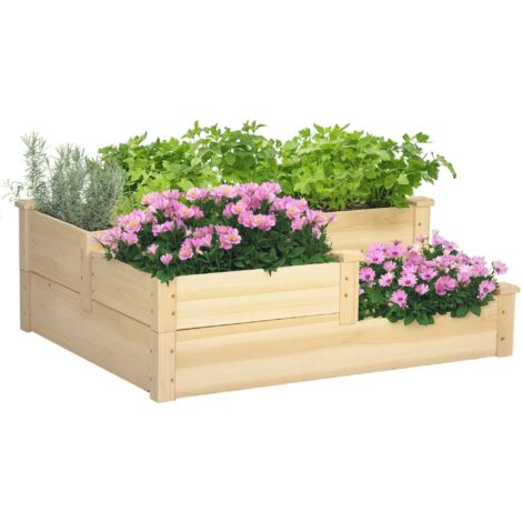Aiuola rialzata con 3 fioriere, design 3 livelli, fondo aperto, 108 cm x 88 cm x 36 cm, naturale