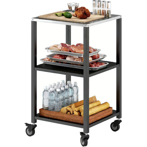 Carrello BBQ 3 livelli tavolo griglia con piano di lavoro in acciaio inox ruote carrello da portata mobile 50 x 50 x 90 cm nero