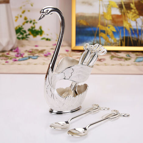 Set porta cucchiaini da caffè, set di cucchiai da dessert, cucchiaio da torta, cucchiaio da gelato, set di stoviglie, elegante design ad arco, base a cigno, superficie lucida (argento bianco) (1/5)