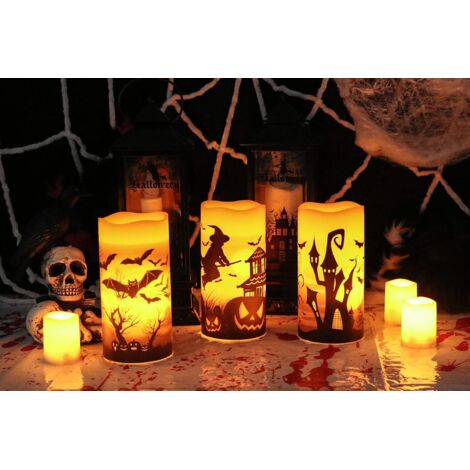 Candela di Halloween senza fiamma con timer di 6 ore, candela a LED a batteria in vera cera con design horror a tema pipistrello, castello, strega e fantasma, sacchetto regalo decorativo di Halloween (1/4)
