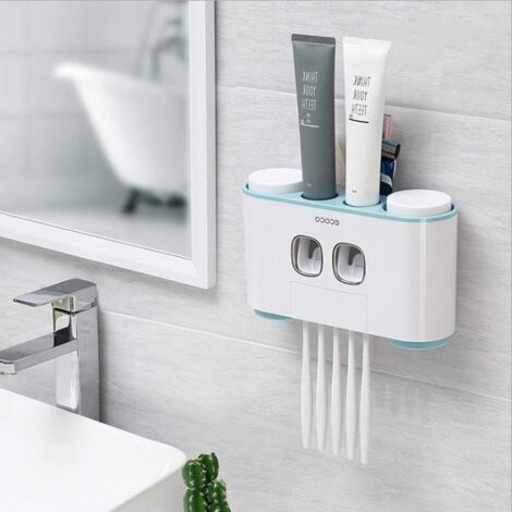 Soporte de pared sin taladro para cepillos de dientes, dispensador de pasta de dientes y organizador de baño multifuncional, 2 exprimidores de pasta de dientes con 5 cepillos y 4 vasos. (1/5)