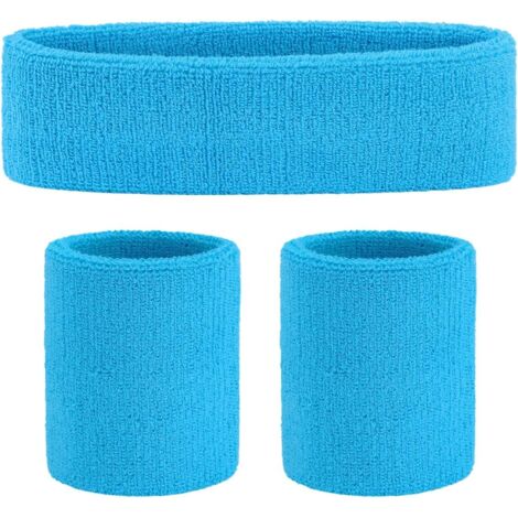 Juego de 3 diademas deportivas a rayas, muñequeras de tela de felpa, muñequeras deportivas de baloncesto y diademas absorbentes de humedad, diadema absorbente de sudor de 10 cm, color azul (1/4)
