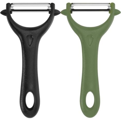 Pelador universal de acero inoxidable de doble filo (2 unidades) con mango ergonómico para patatas, zanahorias, verduras y frutas (negro y verde) (1/5)