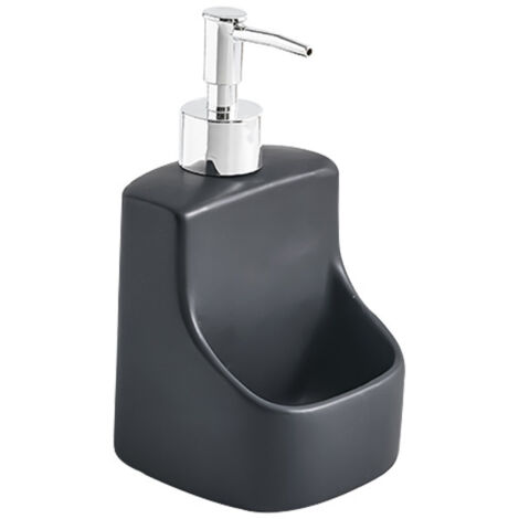 Dispensador de jabón líquido lavavajillas, cerámica de alta calidad con superficie suave al tacto, con compartimento para esponja, capacidad 390 ml, 9,5 x 18 x 9,5 cm, negro (1/4)