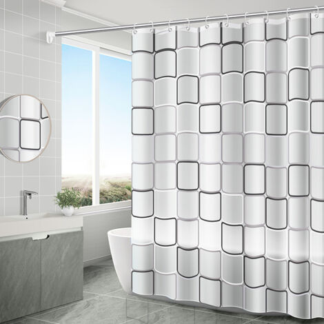 Cortina de ducha de secado rápido, impermeable, de poliéster, lavable a máquina, semitransparente, con 12 ganchos, 180 x 200 cm (blanco) (1/4)