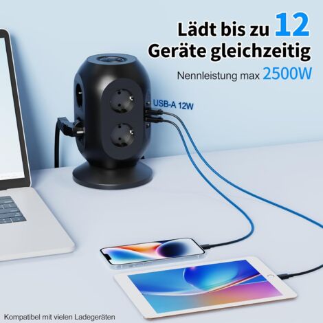 Regleta de enchufes de 8 tomas con protección contra sobretensiones, 2 puertos de carga USB, cable de 2 m e interruptores (negro). (1/5)