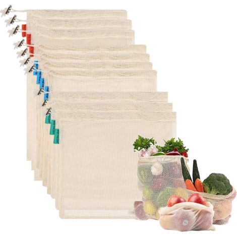 Bolsas reutilizables para frutas y verduras, bolsas de algodón para la compra, paquete de 10, de malla, duraderas, lavables, con doble costura y etiqueta de tara (3S, 4M, 3L) (1/5)