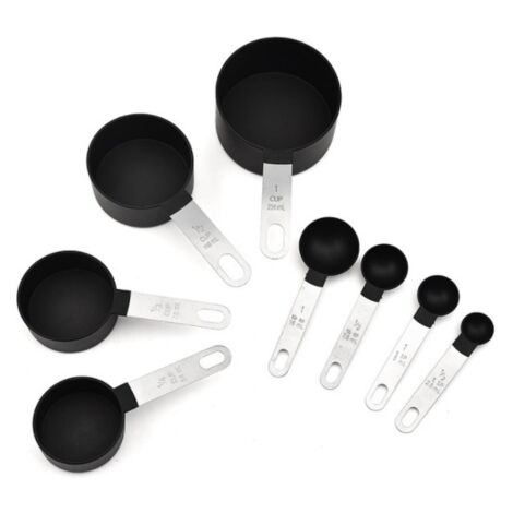 Vaso medidor de plástico con cuchara medidora - Juego de 8 piezas - Taza y cuchara - negro (1/5)