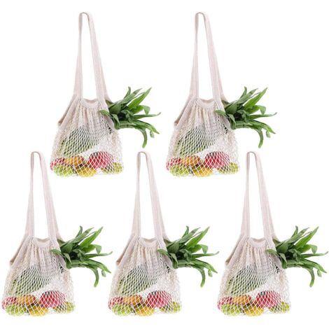 Juego de 5 bolsas de compra reutilizables de malla de algodón, color beige con asa larga (1/5)