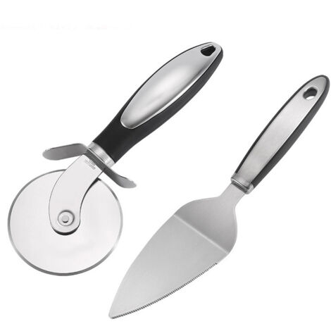 Juego de dos piezas: cortador y rodillo de pizza de acero inoxidable con mango redondo, cuchillo para tarta de una sola rueda y pala para pizza. (1/5)