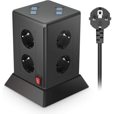 Regleta de 8 enchufes con USB, múltiples tomas de corriente con 8 puertos USB, 8 enchufes y 2 interruptores, protección contra sobrecargas para el hogar y la oficina, color negro, cable de 2 m (1/5)