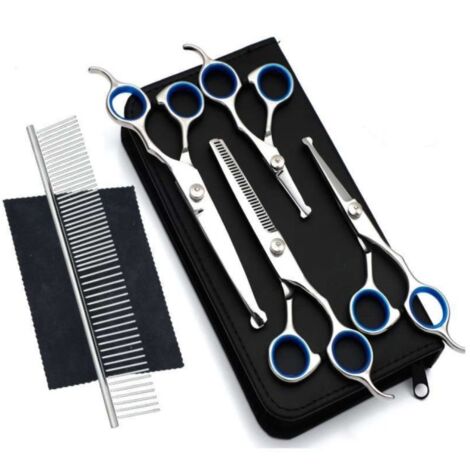 Tijeras de peluquería canina, kit de acero inoxidable con puntas de seguridad redondas, incluye tijeras de entresacar, tijeras curvas, tijeras rectas y peine de aseo Azul (1/3)