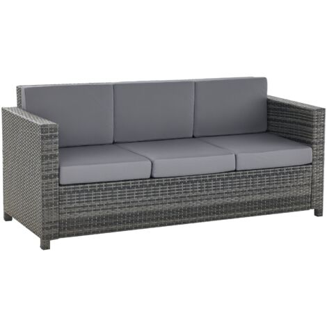 Sofá de ratán poliéster con cojines 3 plazas sofá lounge de jardín metal poliéster gris 185 x 70 x 80 cm