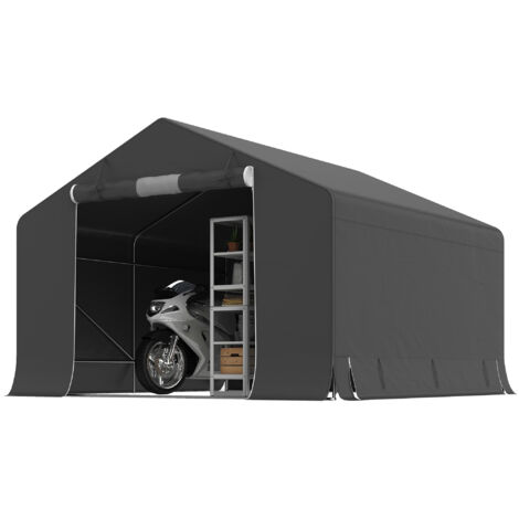 Cobertizo de jardín portátil, carpa para bicicletas, puerta enrollable con cremallera, estructura metálica, almacenamiento versátil, gris oscuro (1/5)