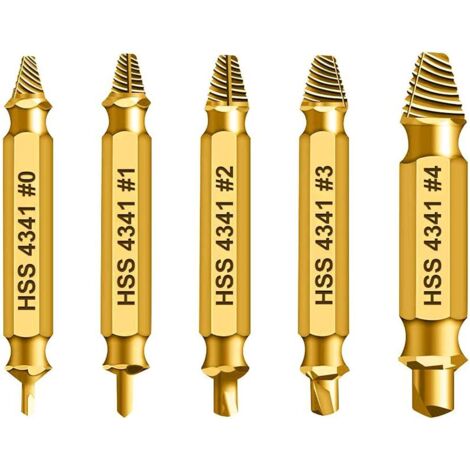 Kit de destornilladores, kit extractor de tornillos para nieve, kit extractor de tornillos de 5 piezas para extraer tornillos ligeramente dañados, fabricado en HSS 4341, dureza 62-63 HRC (oro). (1/5)