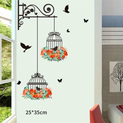 Adhesivo de pared con jaula de pájaros y flores coloridas, adhesivo de planta con pájaro volador, papel tapiz para sala de estar, dormitorio, guardería, decoración de ventana, 1 pieza (1/4)