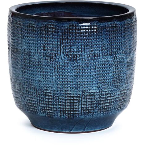 Moderner Großer Keramik Übertopf Ø40cm Höhe 36cm, Blumentopf Hochglanz Blau für Innen & Außen, Pflanzkübel Indoor, Balkon, Garten