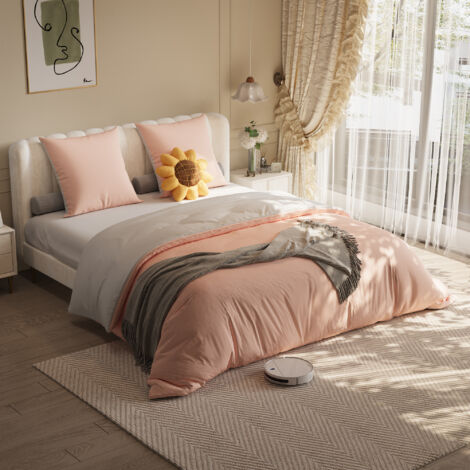 Bettwäscheset 140x200 cm 4 Teile, Doppelbettwäsche mit 1 Spannbettlaken, 1 Bettbezug und 2 Kissenbezügen, Polyester, Rosa + Hellgrau
