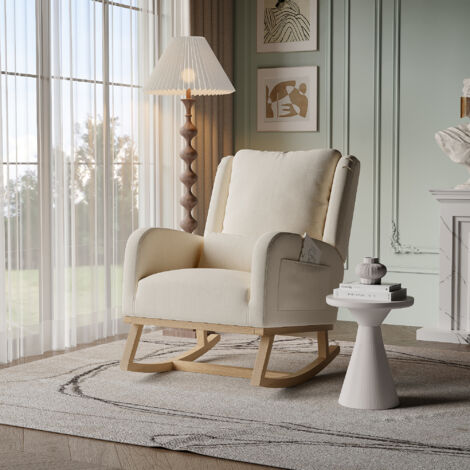 Schaukelstuhl Gepolsterter Stillsessel Modern Schaukelsessel gepolstert hohe Rückenlehne Accent Glider Rocker Beige-Leinen Stuhl für Wohnzimmer,Schlafgemach