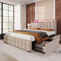 Bett Erwachsene 180x200 cm mit LED-Beleuchtung und USB-Anschlüssen, Doppeltes Polsterbett 180x200 cm mit 4 Schubladen, Lattenrost, Leinenbezug, Beige