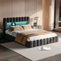 Doppelbett Polsterbett 180x200 cm, Stauraumbett 140x200 mit LED-Beleuchtung und USB-Ladefunktion, Lattenrost aus Holz, gepolstertem Kopfteil, Leinen, Grau