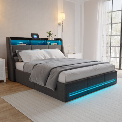 Polsterbett mit Bettkasten 140x200, Kopfteil mit 3 Staufächern, dimmbare LED-Beleuchtung & USB-Anschluss, Leinen, Dunkelgrau