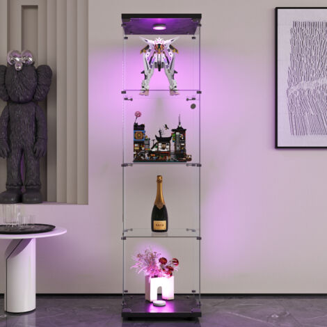 Glasvitrine, Sammlervitrine, LED-Vitrine, Glasvitrine mit LED-Beleuchtung, 36×42×164 cm, Schwarz