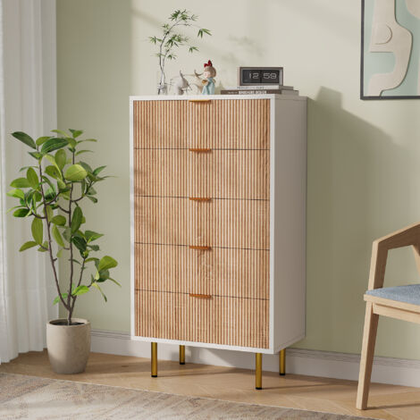 Kommode, Kommode für Erwachsenenschlafzimmer, Wohnzimmerschrank, Aufbewahrungsschrank, Elegante Aufbewahrungskommode mit 5 Schubladen in Holz und Weiß, Modernes und raffiniertes Design